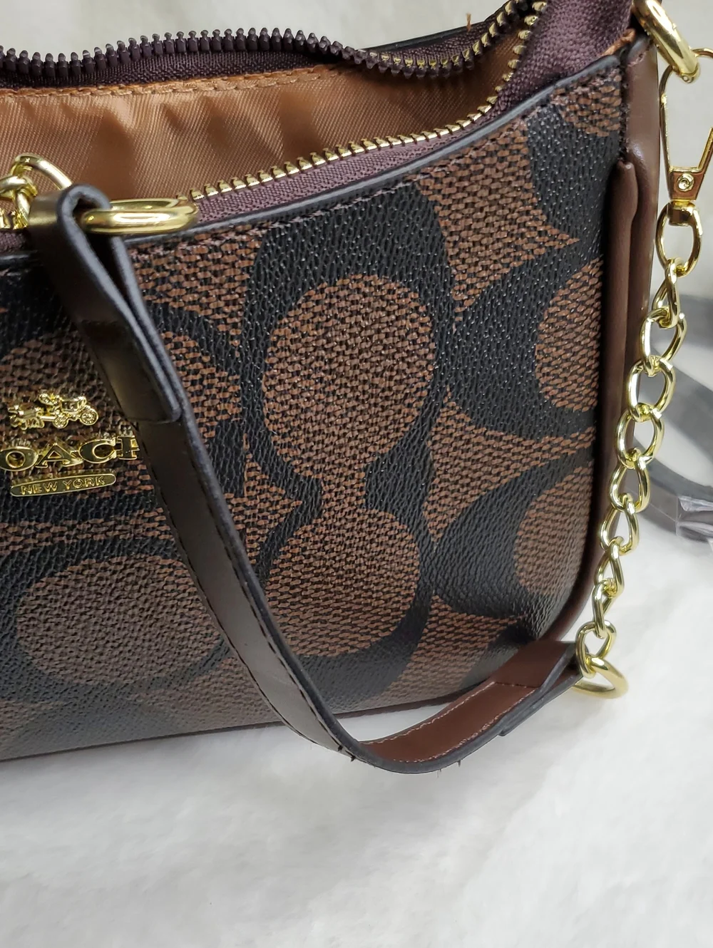 Brown Signature Canvas Shoulder Bag with Gold Chain Inspir@d Luxury Bag